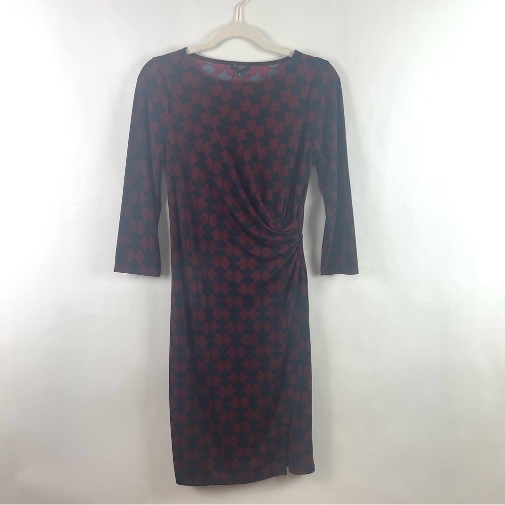Talbots Midi Dress Ruched Faux Wrap Maroon & Navy Geometric Print 3/4 Sleeves SP
